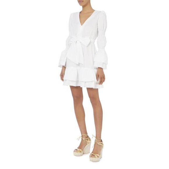 Intermix White Bennet Smocked Sleeve Short Tiered Ruffle Dress Tie Front Sz Sm - Picture 4 of 12